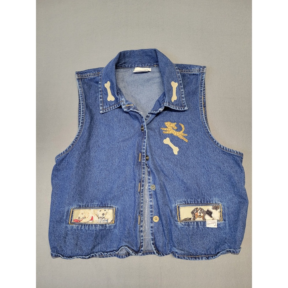 Vintage 90s Beverly's Denim Vest Novelty Dogs Sleeveless Jean‎ Jacket Medium